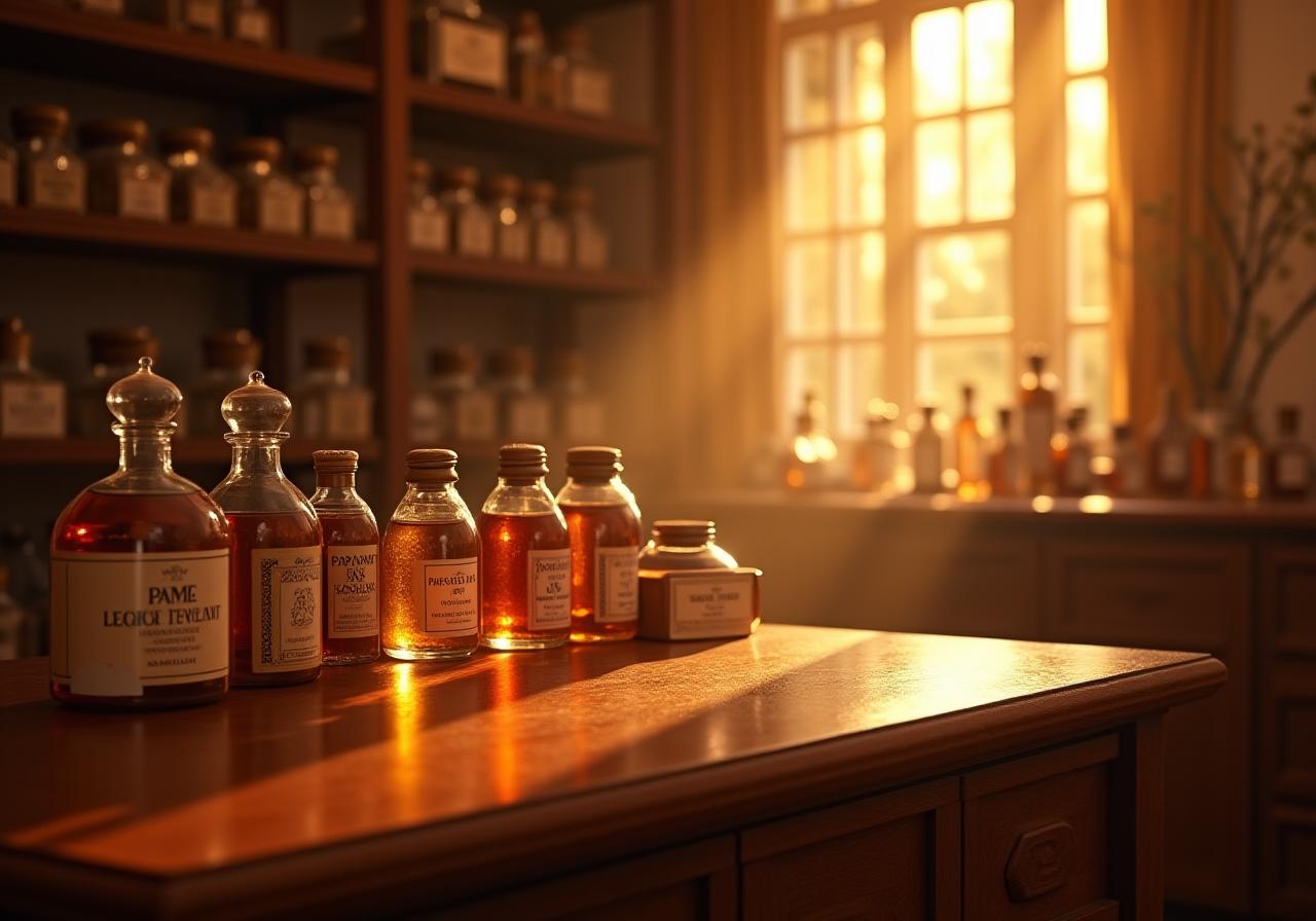 Intérieur de l'atelier de parfumerie Parfum du Levant avec des flacons anciens et une lumière douce